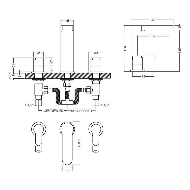 Nuie Arvan Chrome 3 Hole Basin Mixer with Pop Up Waste