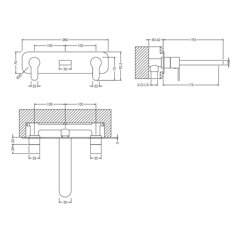 Nuie Arvan Chrome 3 Hole Wall Basin Mixer with Plate
