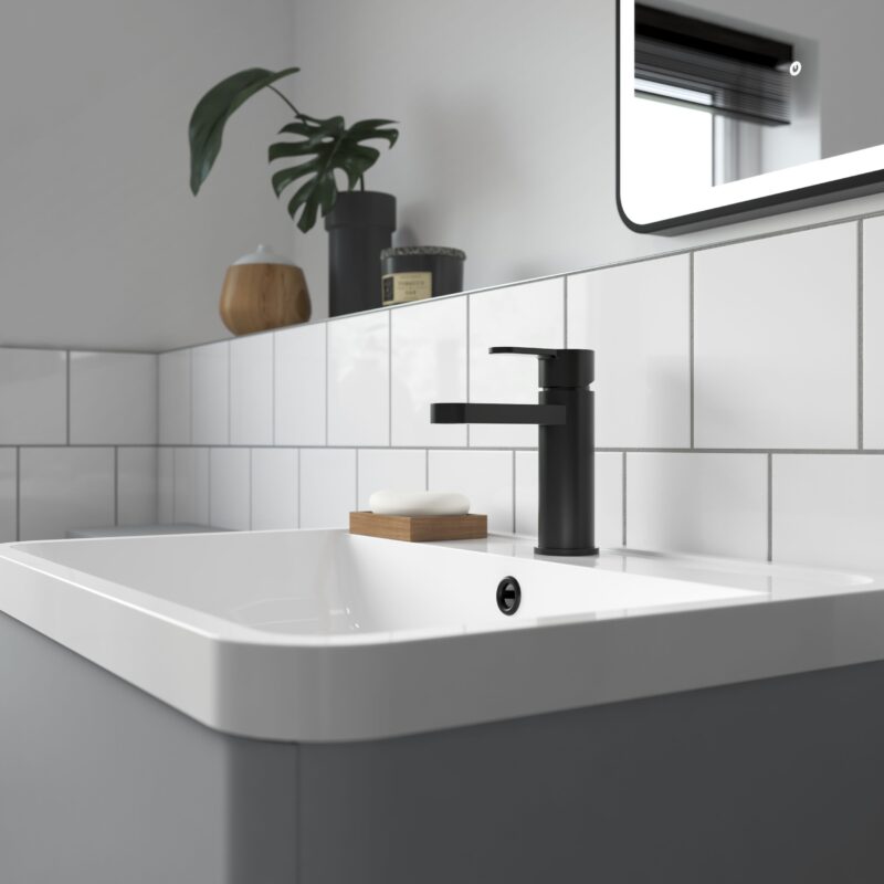 Nuie Arvan Matt Black Mono Basin Mixer with Push Button Waste