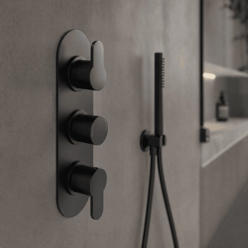 Nuie Arvan Matt Black Triple Thermostatic Shower Valve with Diverter