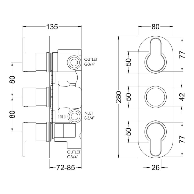 Nuie Arvan Matt Black Triple Thermostatic Shower Valve with Diverter