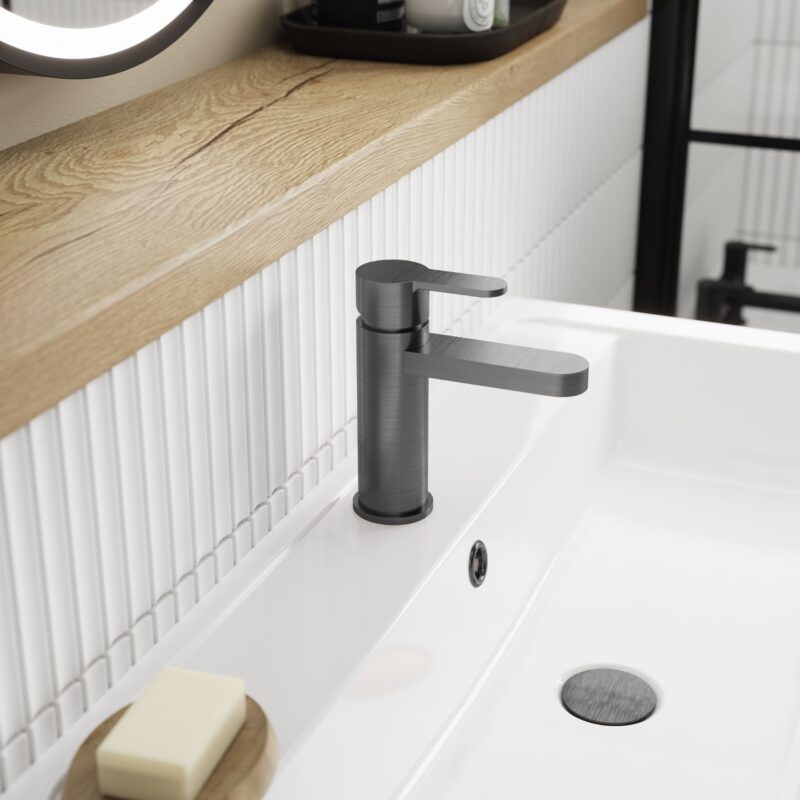 Nuie Arvan Brushed Pewter Mono Basin Mixer with Push Button Waste