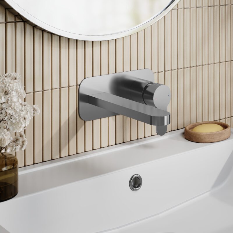 Nuie Arvan Brushed Pewter 2 Hole Wall Basin Mixer