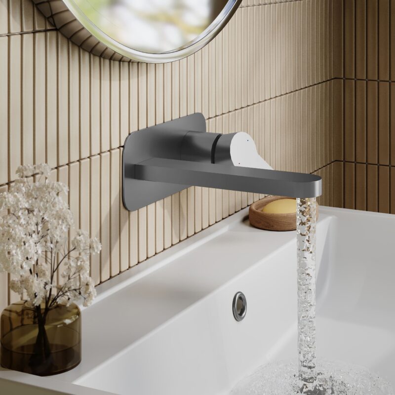 Nuie Arvan Brushed Pewter 2 Hole Wall Basin Mixer