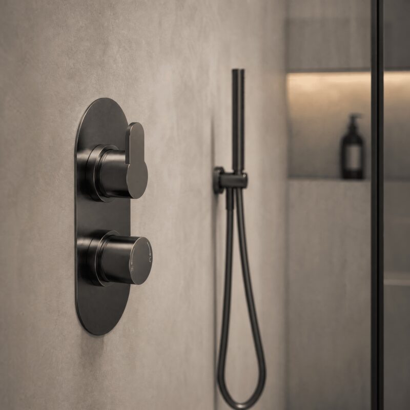 Nuie Brushed Pewter Twin Thermostatic Shower Valve