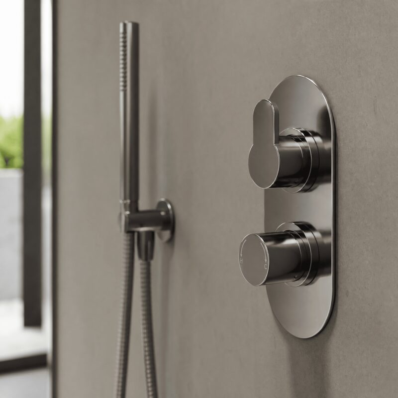 Nuie Arvan Brushed Pewter Twin Thermostatic Shower Valve with Diverter