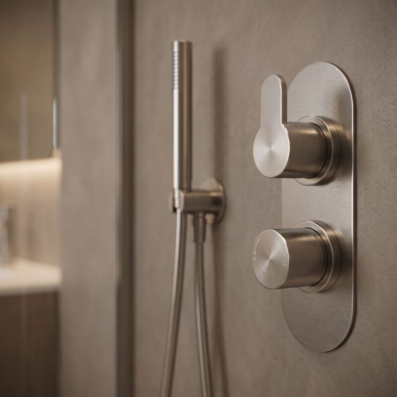 Nuie Arvan Brushed Pewter Twin Thermostatic Shower Valve with Diverter