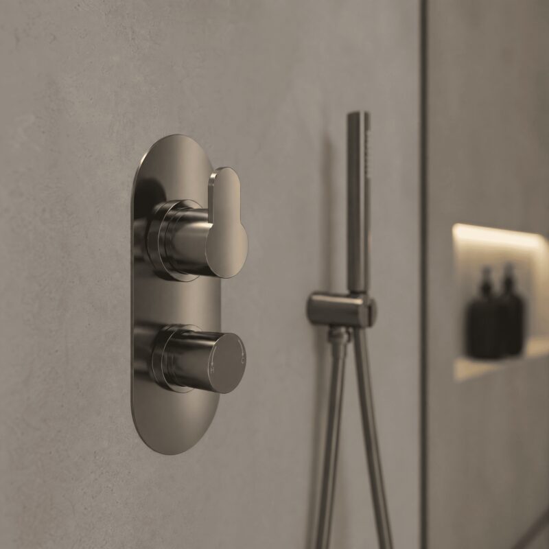Nuie Arvan Brushed Pewter Concealed Thermostatic Twin 3-Way Shower Valve