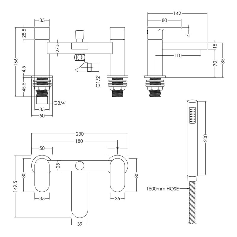 Nuie Binsey Chrome Deck Mounted Bath Shower Mixer with Kit