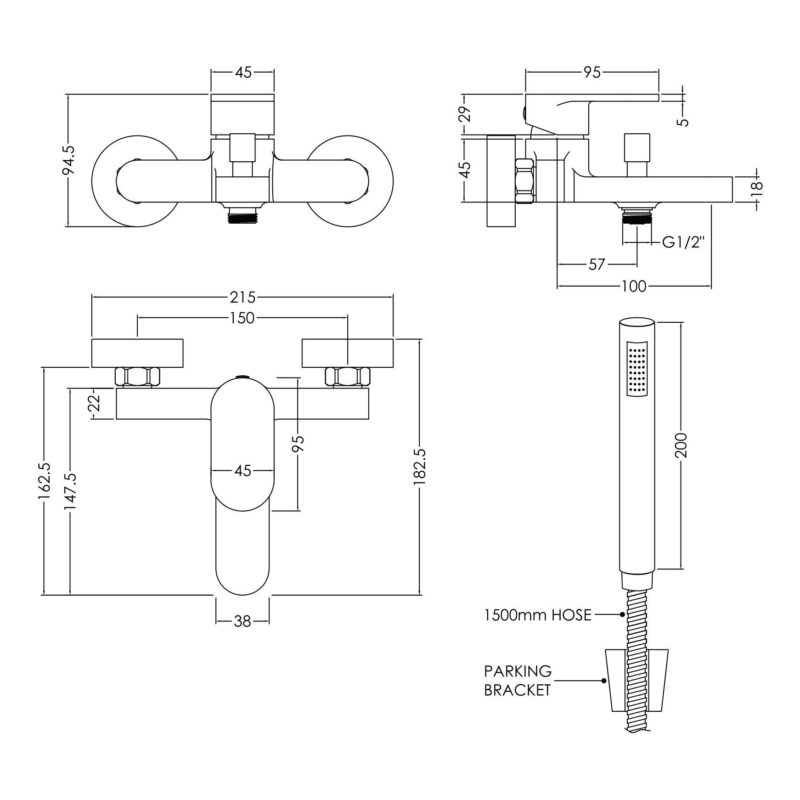 Nuie Binsey Chrome Wall Mounted Bath Shower Mixer with Kit
