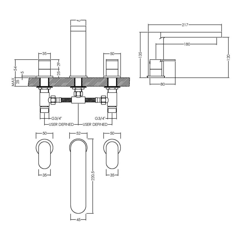 Nuie Binsey Chrome 3 Tap Hole Deck Mounted Bath Filler