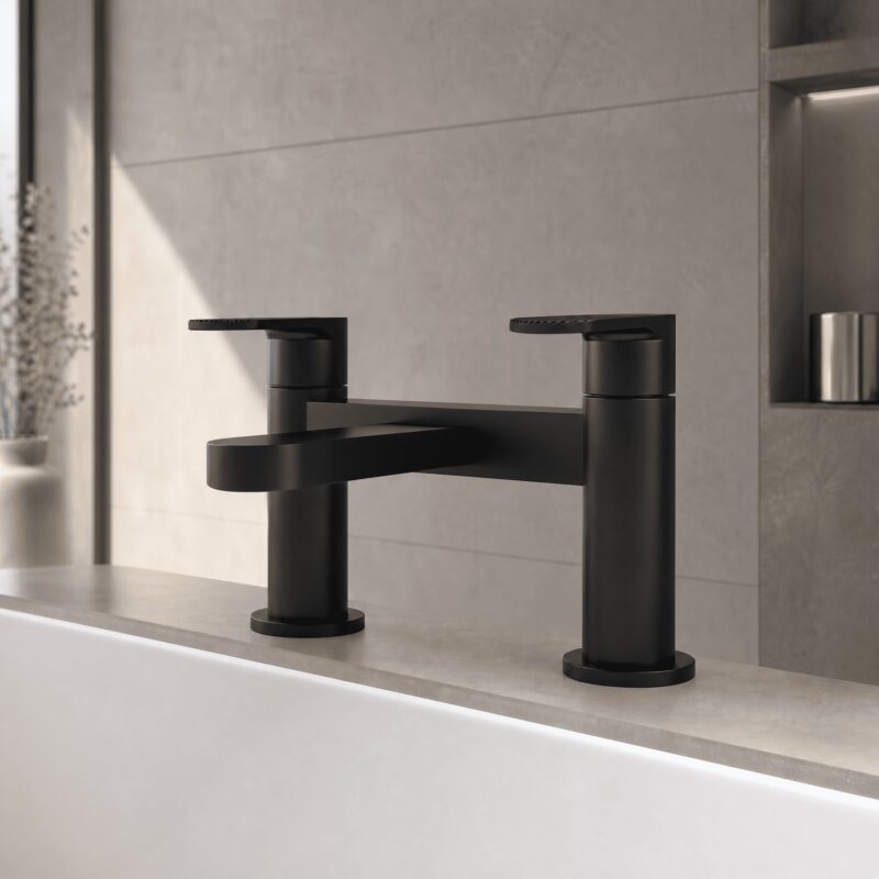 Nuie Cyprus Matt Black Deck Mounted Bath Filler