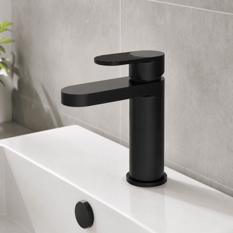 Nuie Cyprus Matt Black Mono Basin Mixer with Push Button Waste