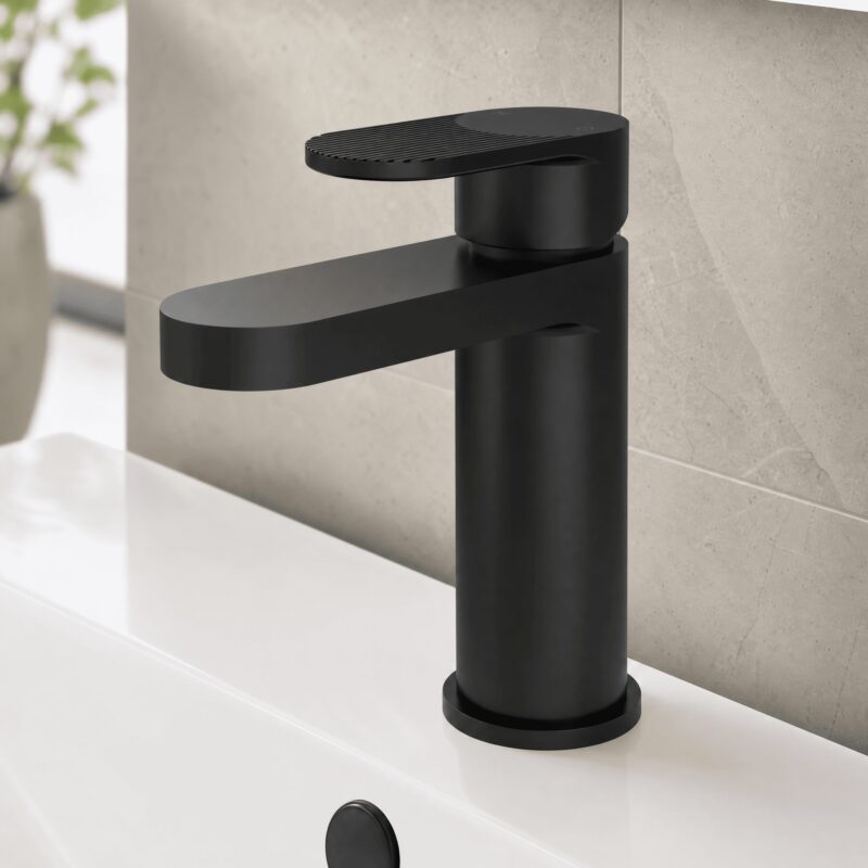 Nuie Cyprus Matt Black Mono Basin Mixer with Push Button Waste