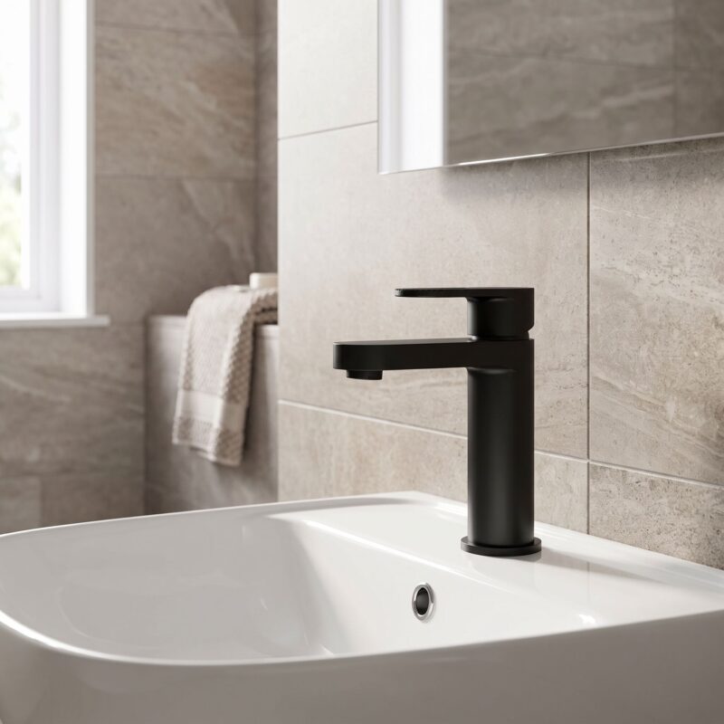 Nuie Cyprus Matt Black Mono Basin Mixer with Push Button Waste