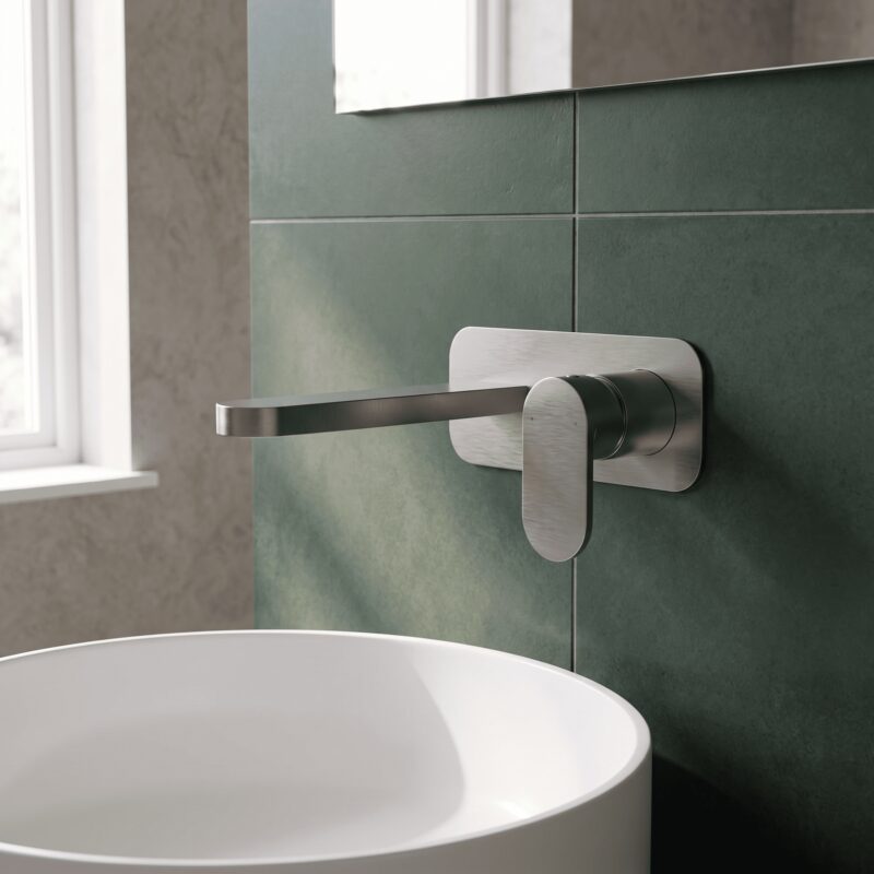 Nuie Binsey Brushed Pewter 2 Hole Wall Basin Mixer with Plate