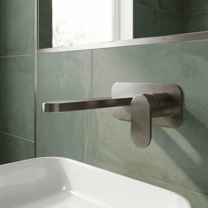 Nuie Binsey Brushed Pewter 2 Hole Wall Basin Mixer with Plate