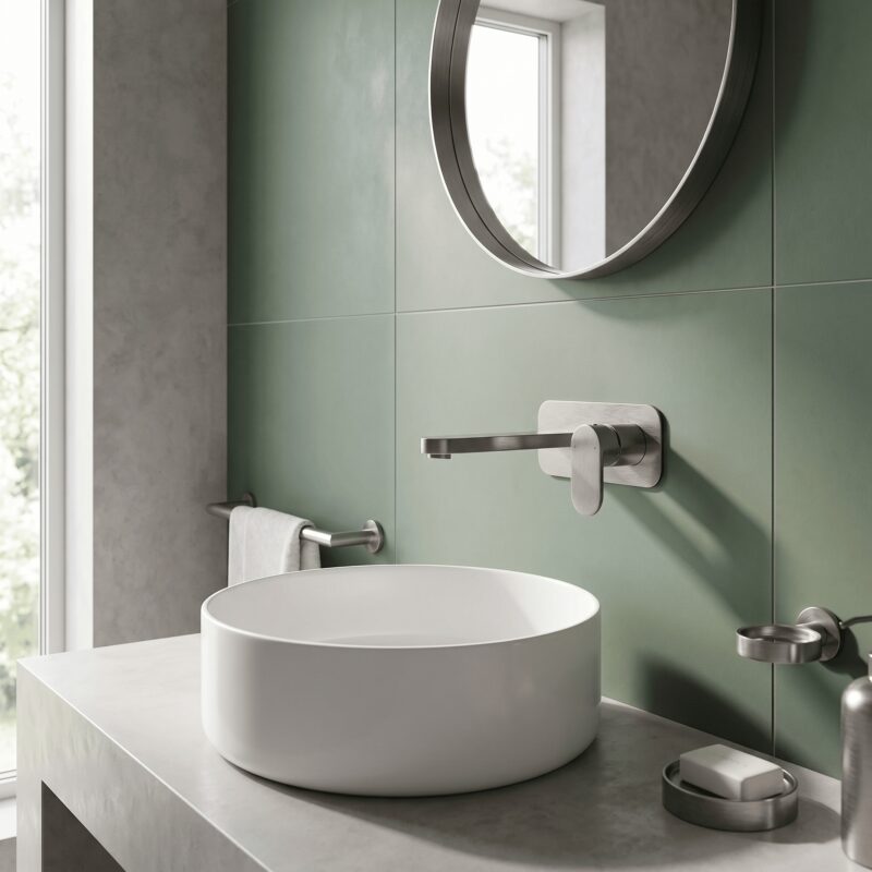 Nuie Binsey Brushed Pewter 2 Hole Wall Basin Mixer with Plate