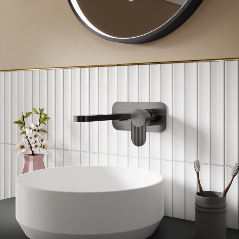 Nuie Cyprus Brushed Pewter 2 Hole Wall Basin Mixer with Plate
