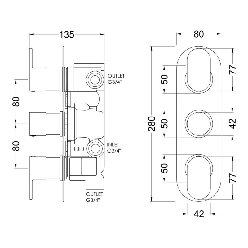 Nuie Binsey Chrome Triple Thermostatic Shower Valve with Diverter