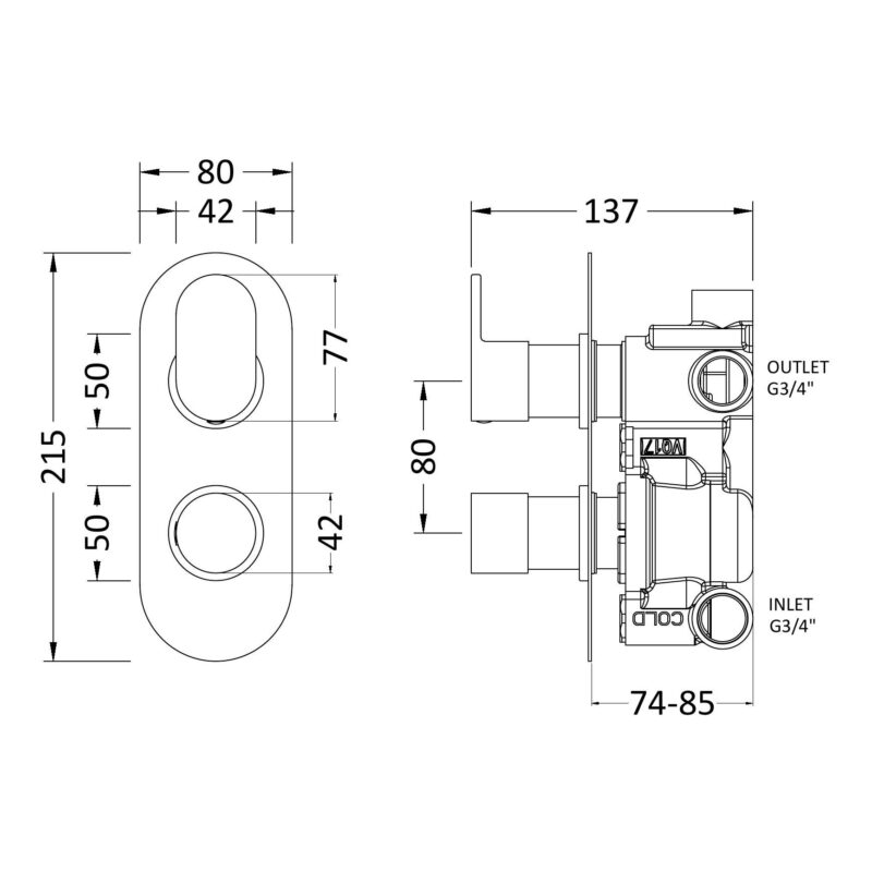 Nuie Binsey Chrome Concealed Thermostatic Twin 3-Way Shower Valve