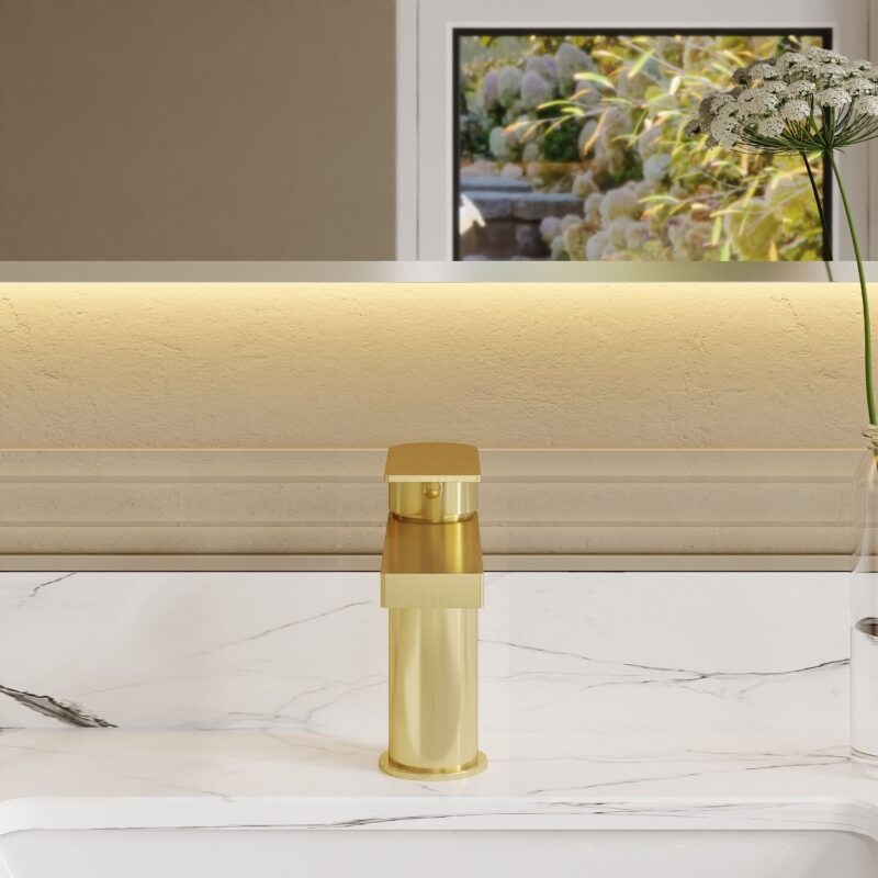 Nuie Canada Brushed Brass Mono Basin Mixer with Push Button Waste