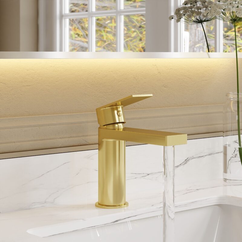 Nuie Canada Brushed Brass Mono Basin Mixer with Push Button Waste