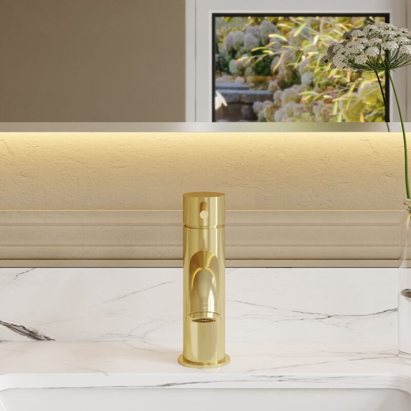 Nuie Cartegena Brushed Brass Mono Basin Mixer with Push Button Waste