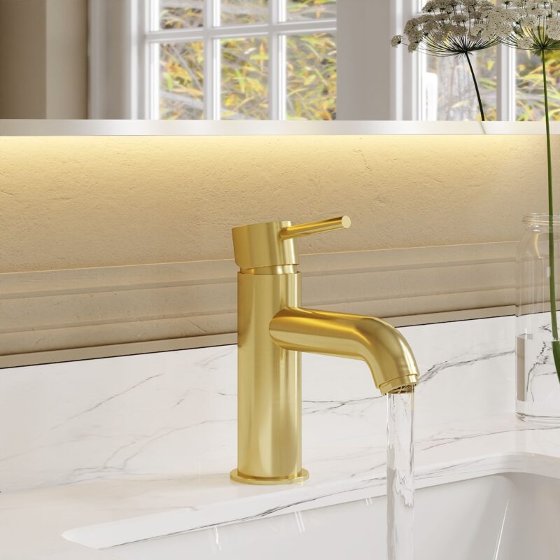 Nuie Cartegena Brushed Brass Mono Basin Mixer with Push Button Waste