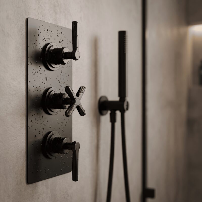 Nuie Aztec Matt Black Concealed Triple Thermostatic Shower Valve with Diverter