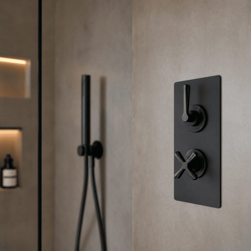 Nuie Aztec Matt Black Concealed Twin Thermostatic Shower Valve with Diverter
