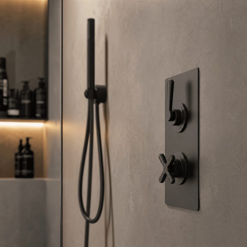 Nuie Aztec Matt Black Concealed Twin Thermostatic Shower Valve with Diverter