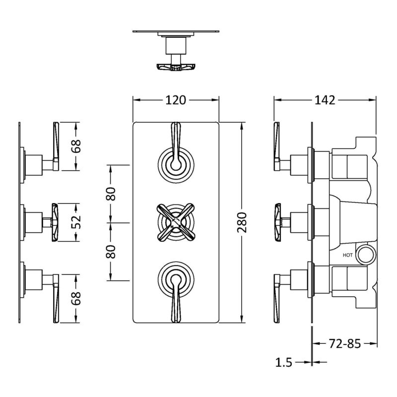 Nuie Aztec Brushed Brass Concealed Triple Thermostatic Shower Valve