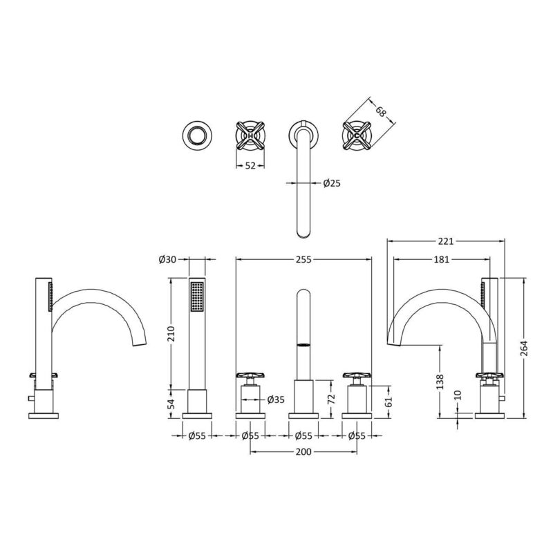 Nuie Aztec Chrome 4 Hole Bath Mixer Tap with Shower Kit