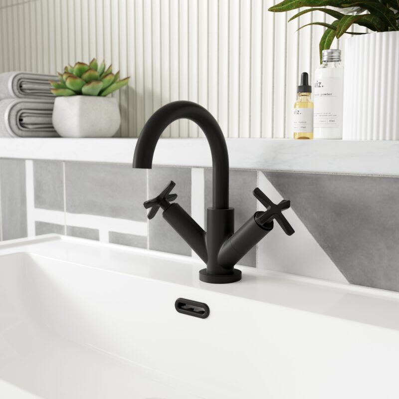 Nuie Aztec Matt Black Deck Mounted Mono Basin Mixer with Pop Up Waste