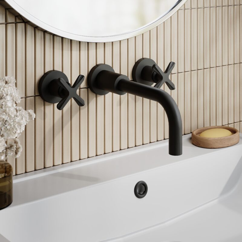 Nuie Aztec Matt Black 3 Tap Hole Wall Mounted Basin Mixer