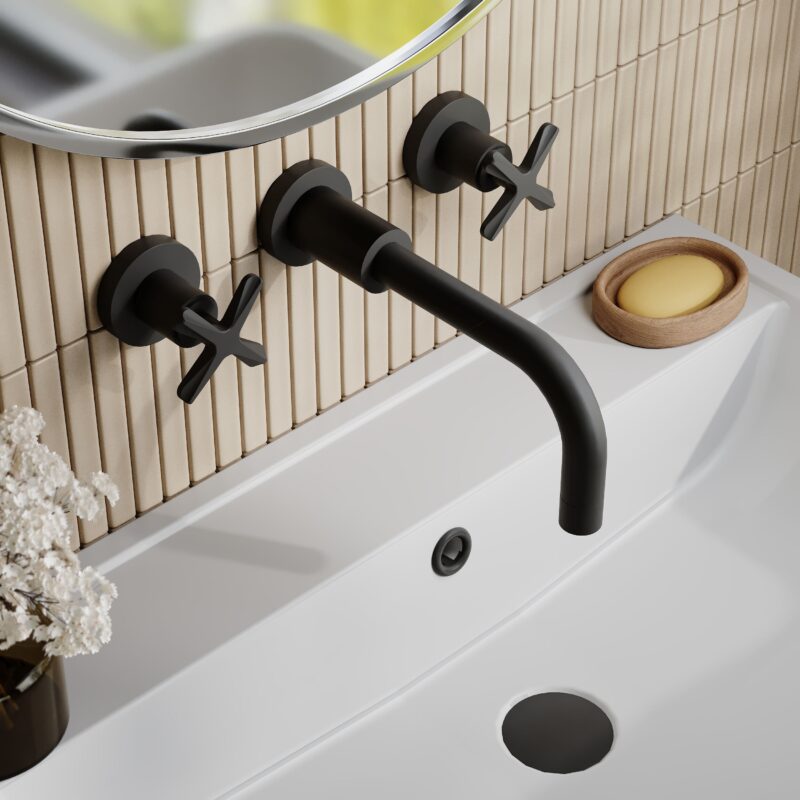 Nuie Aztec Matt Black 3 Tap Hole Wall Mounted Basin Mixer