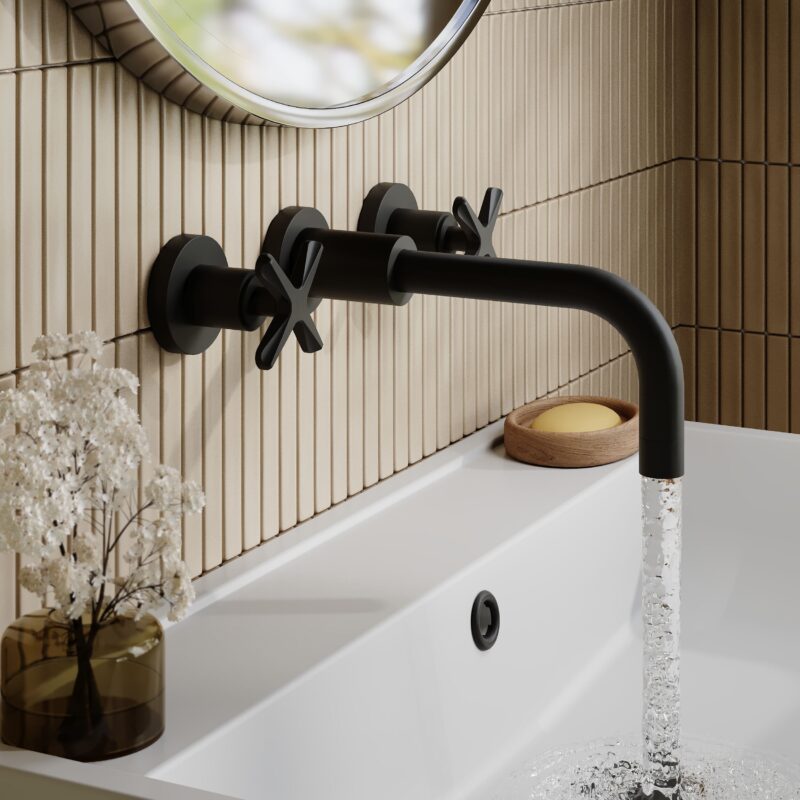 Nuie Aztec Matt Black 3 Tap Hole Wall Mounted Basin Mixer