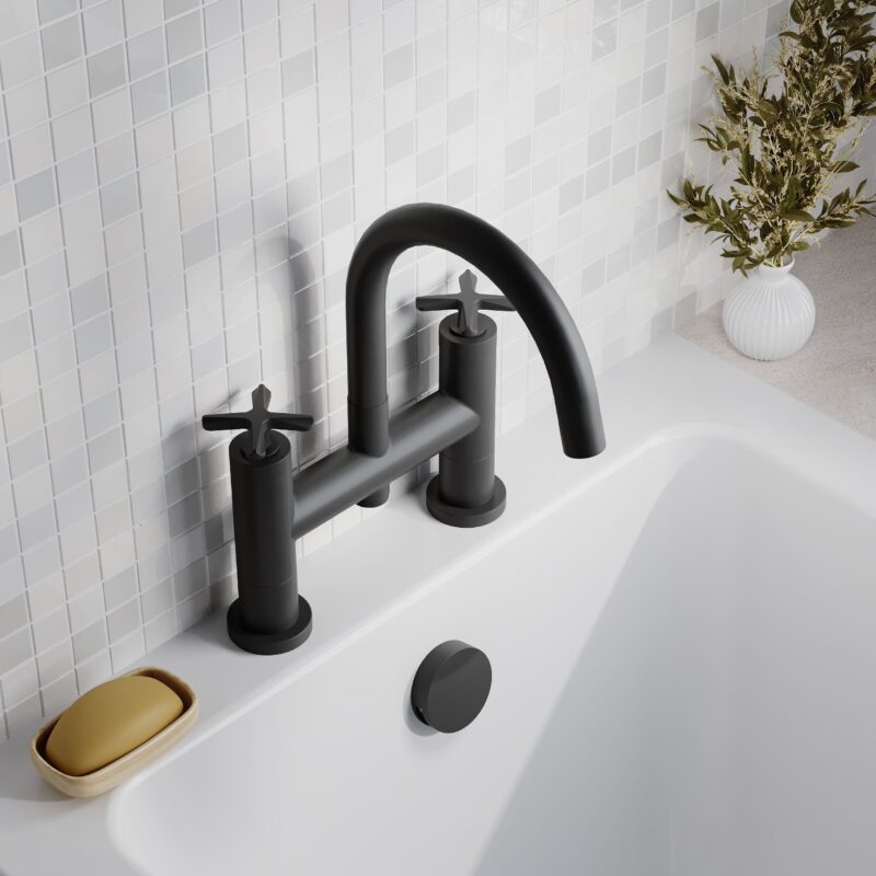 Nuie Aztec Matt Black Deck Mounted Bath Filler