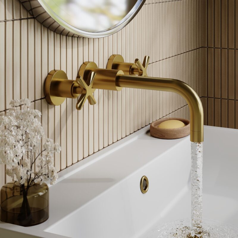 Nuie Aztec Brushed Brass 3 Hole Wall Basin Mixer