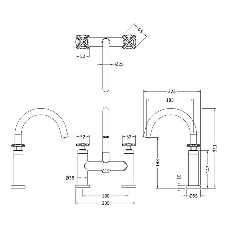 Nuie Aztec Brushed Brass Deck Mounted Bath Filler