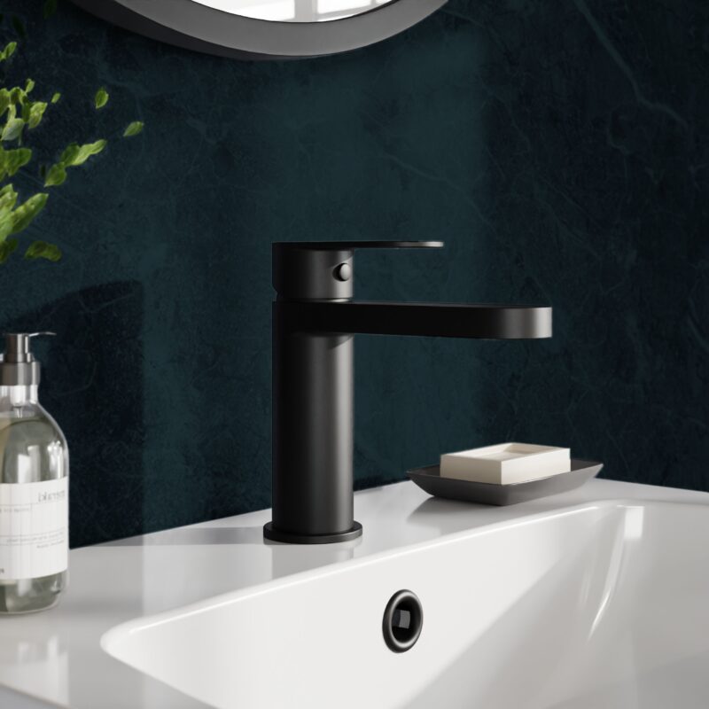 Nuie Halstatt Matt Black Mono Basin Mixer & Push Button Waste