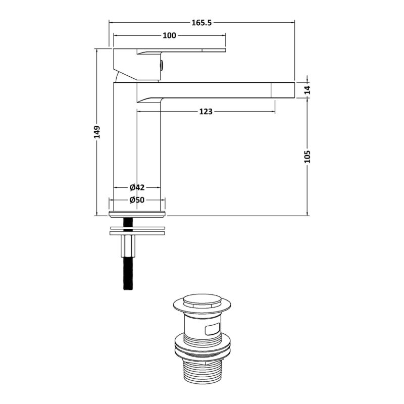 Nuie Halstatt Brushed Brass Mono Basin Mixer with Push Button Waste
