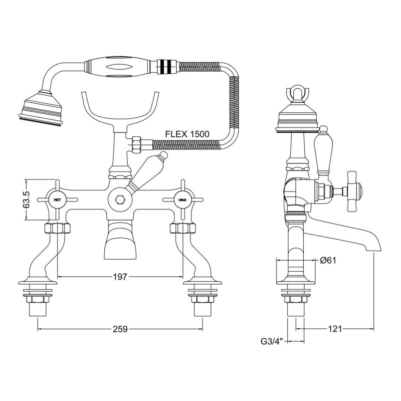 Nuie Beaumont Chrome 3/4" Cranked Bath Shower Mixer