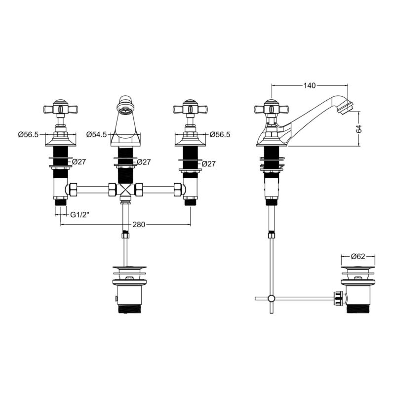 Nuie Beaumont Chrome 3 Hole Basin Mixer with Pop Up Waste