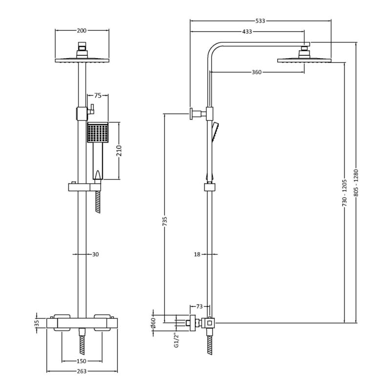 Nuie Chrome Square Thermostatic Bar Shower Valve & Rigid Riser