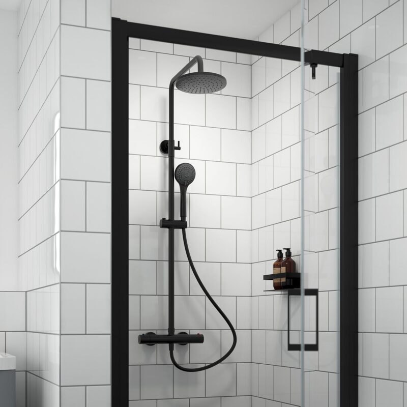 Nuie Matt Black Round Thermostatic Dual Bar Shower Valve & Rigid Riser