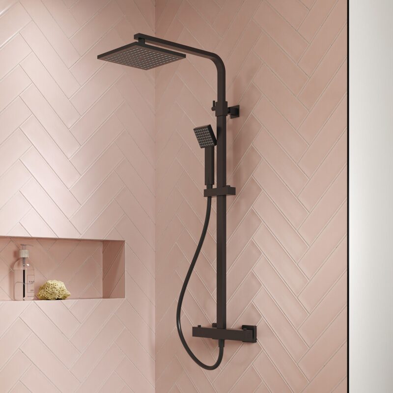 Nuie Matt Black Square Thermostatic Dual Bar Shower Valve & Rigid Riser