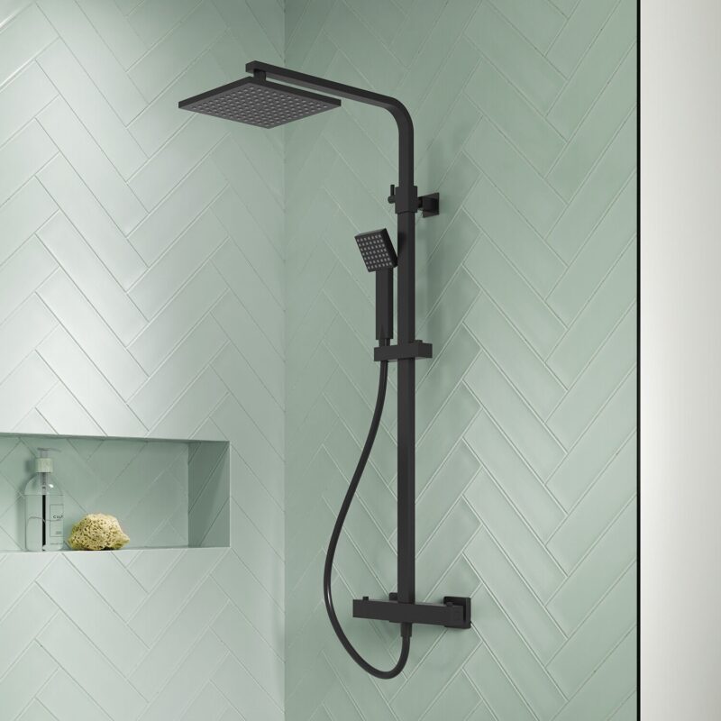 Nuie Matt Black Square Thermostatic Dual Bar Shower Valve & Rigid Riser