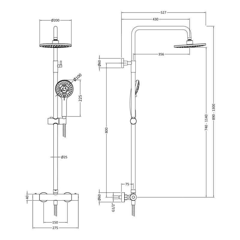 Nuie Arvan Brushed Pewter Thermostatic Bar Shower Valve & Rigid Riser Kit